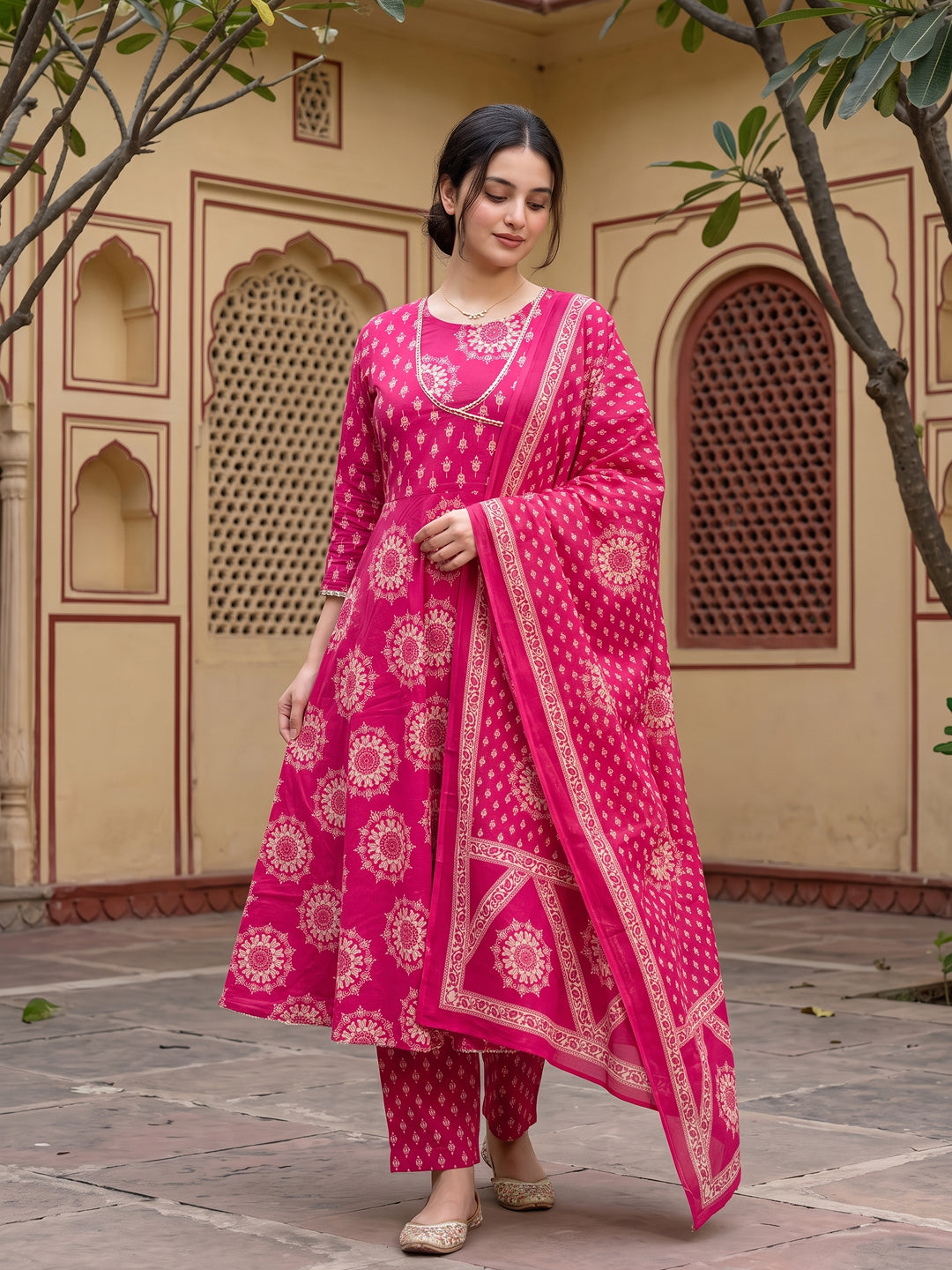 Jaitpuriya Pink Pure Cotton Anarkali Angrakha Kurta Set