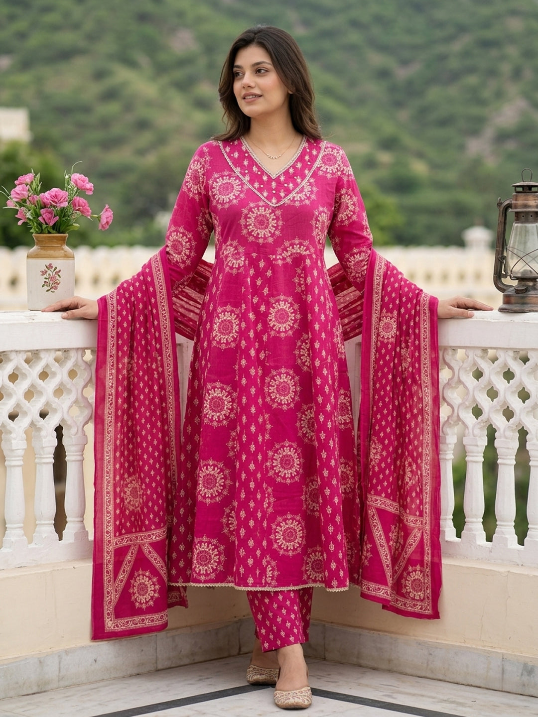 Pink Pure Cotton Anarkali Regular Kurta Set