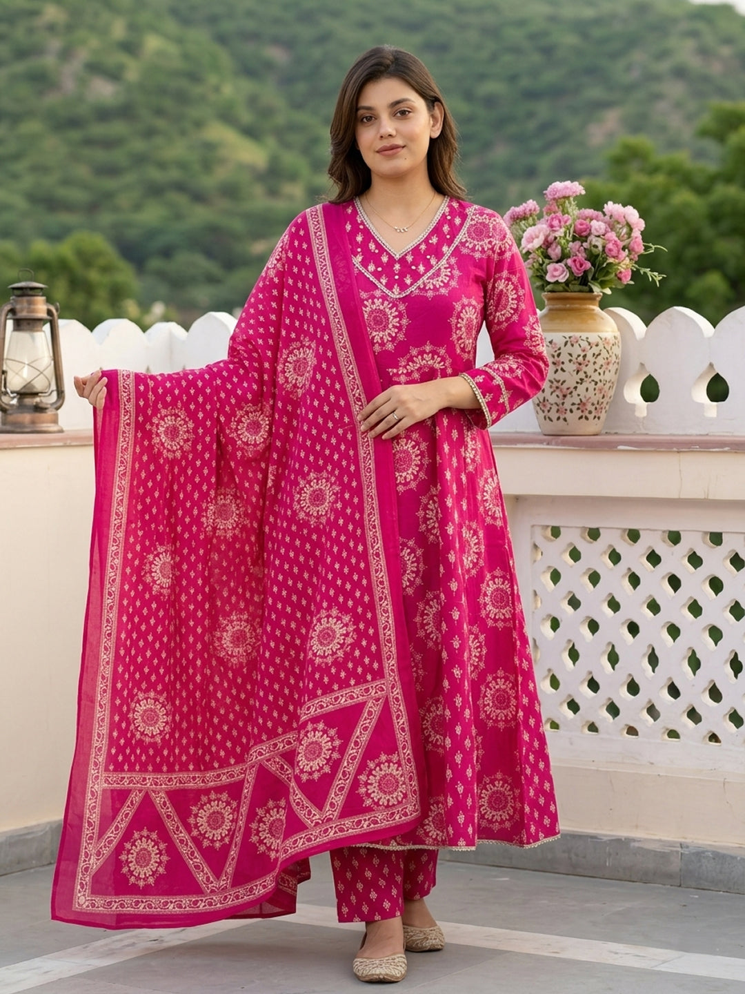 Pink Pure Cotton Anarkali Regular Kurta Set
