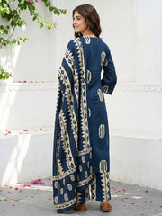 Jaitpuriya Blue And Cream Pure Cotton Straight Regular Kurta Set
