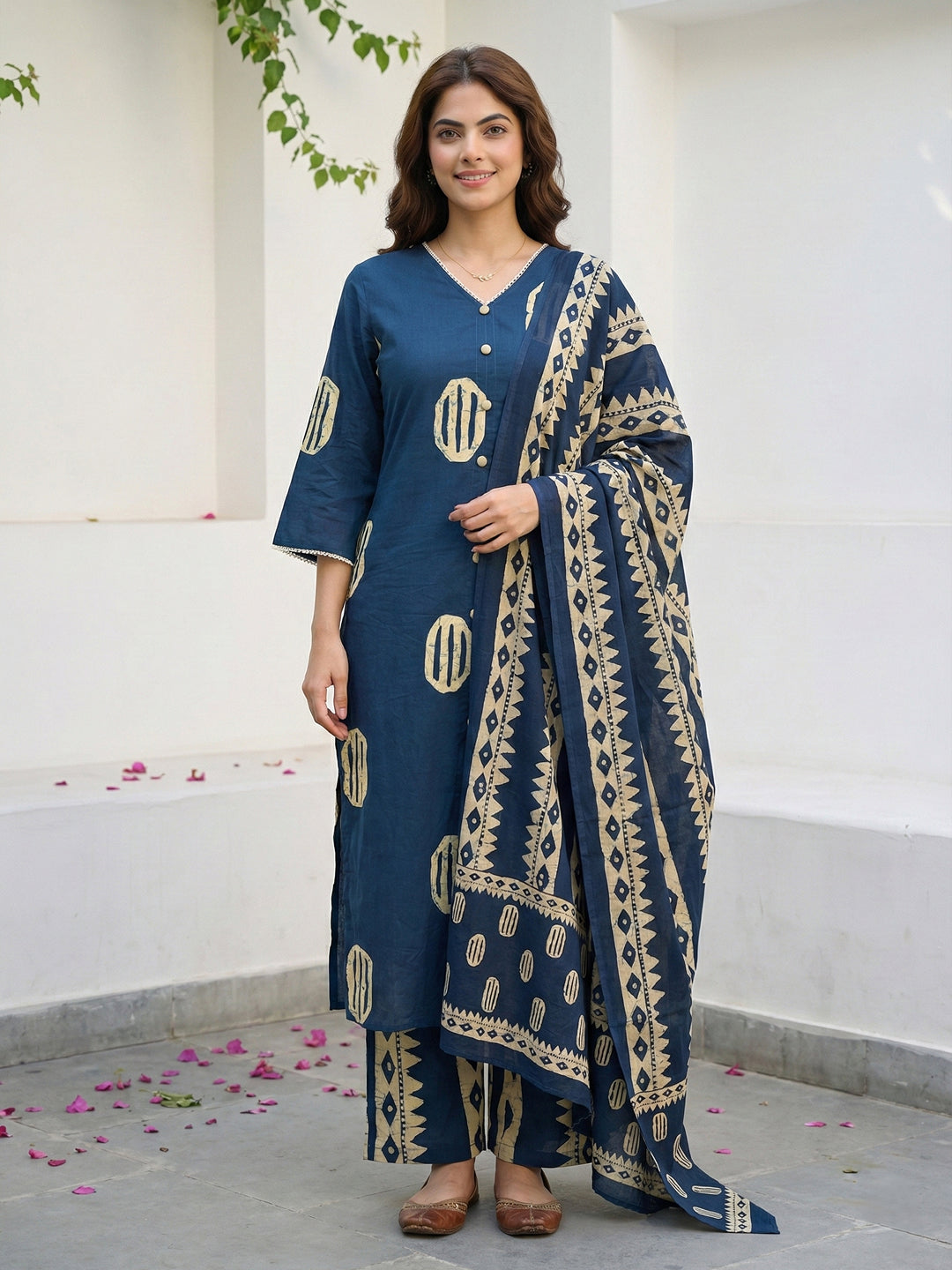 Jaitpuriya Blue And Cream Pure Cotton Straight Regular Kurta Set