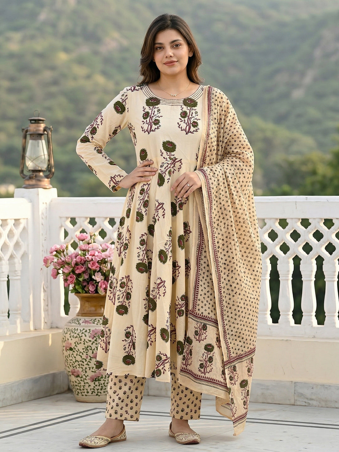 Jaitpuriya Green And Beige Pure Cotton Anarkali Regular Kurta Set