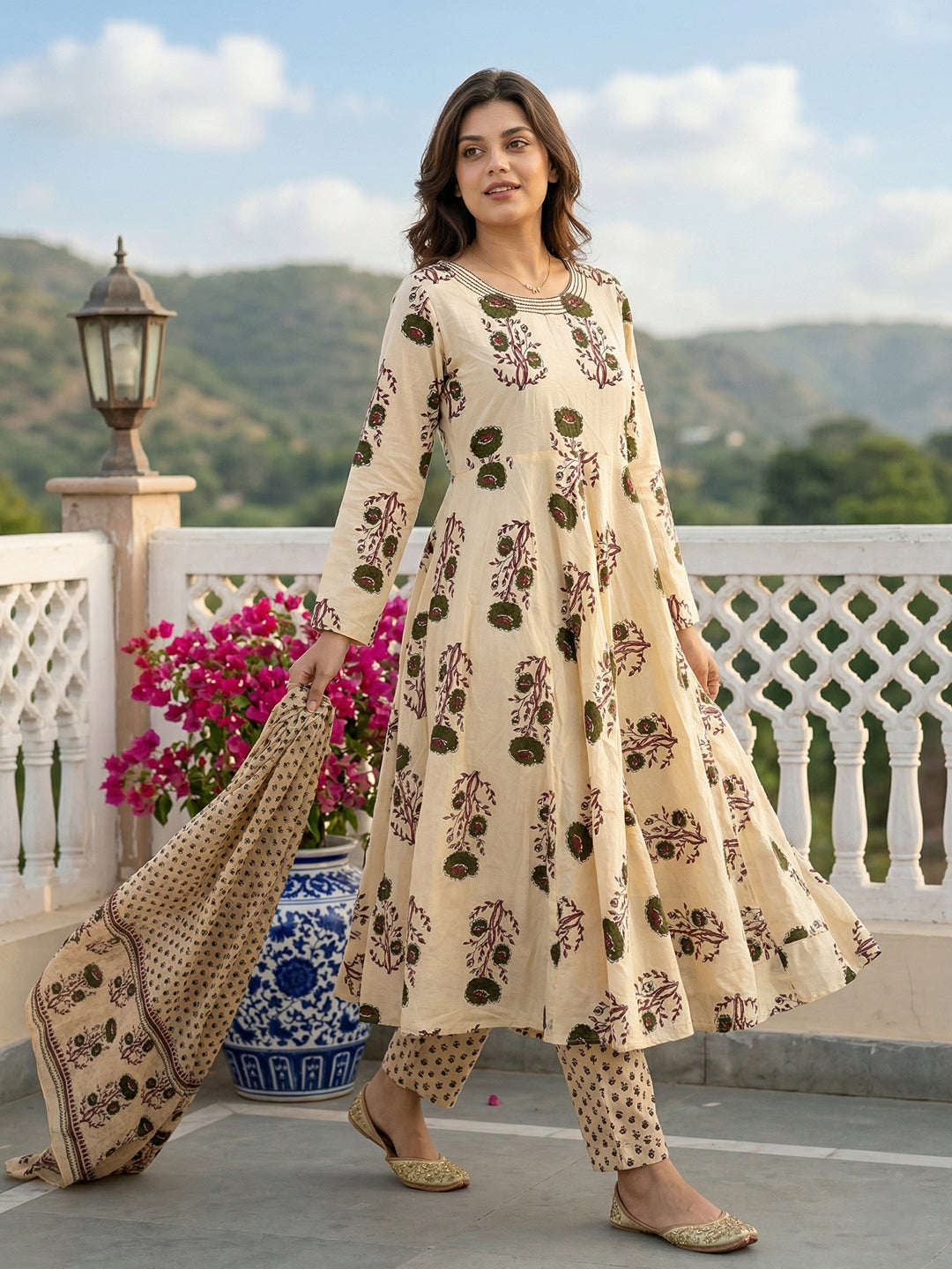 Jaitpuriya Green And Beige Pure Cotton Anarkali Regular Kurta Set
