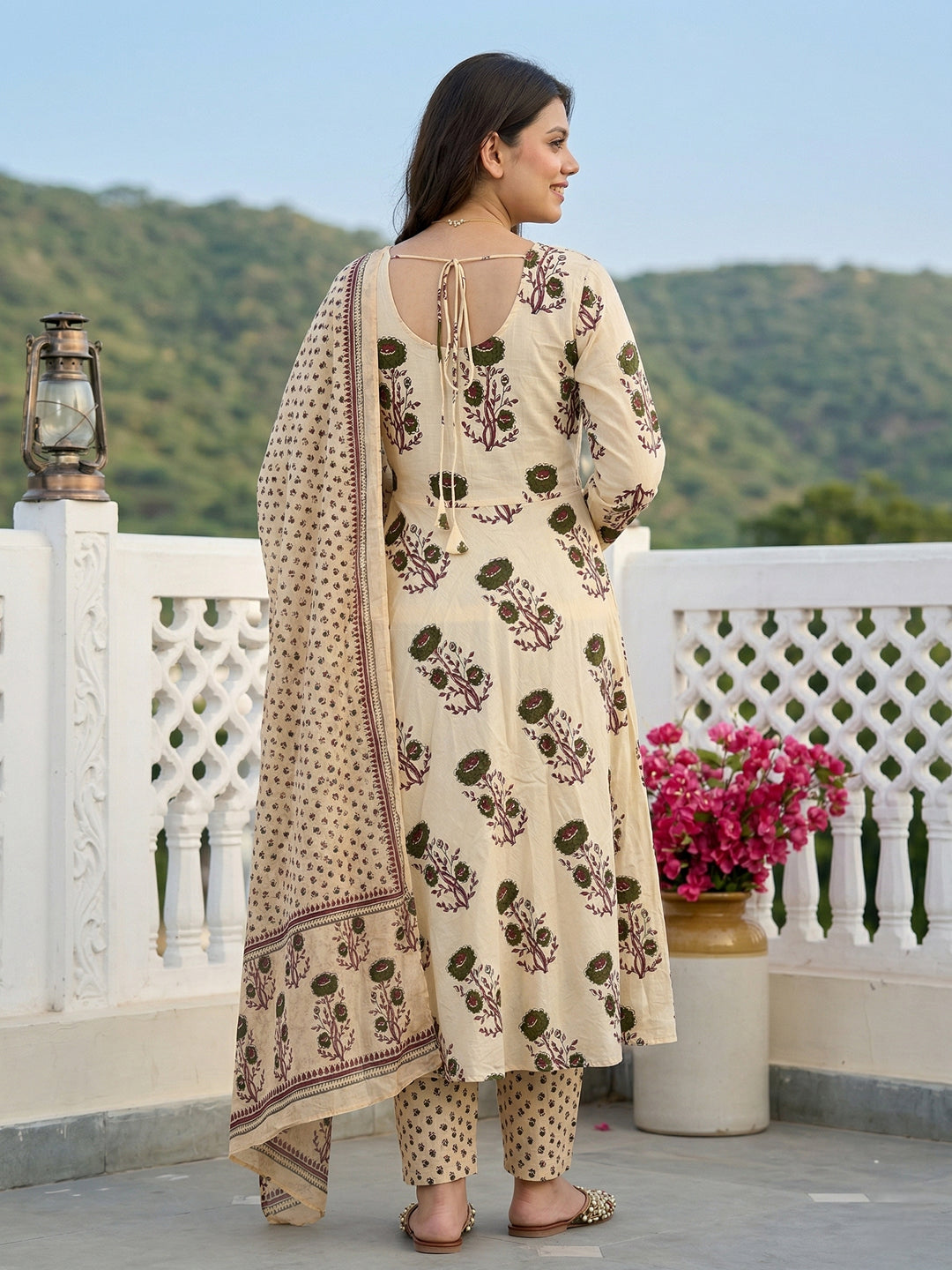 Jaitpuriya Green And Beige Pure Cotton Anarkali Regular Kurta Set