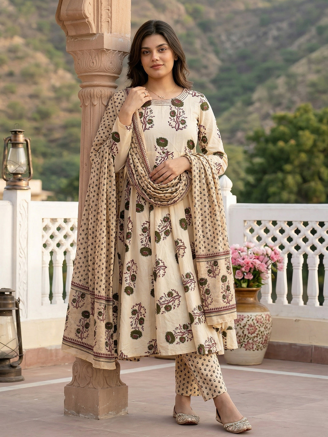 Jaitpuriya Green And Beige Pure Cotton Anarkali Regular Kurta Set