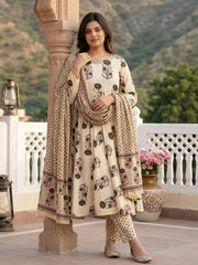 Jaitpuriya Green And Beige Pure Cotton Anarkali Regular Kurta Set