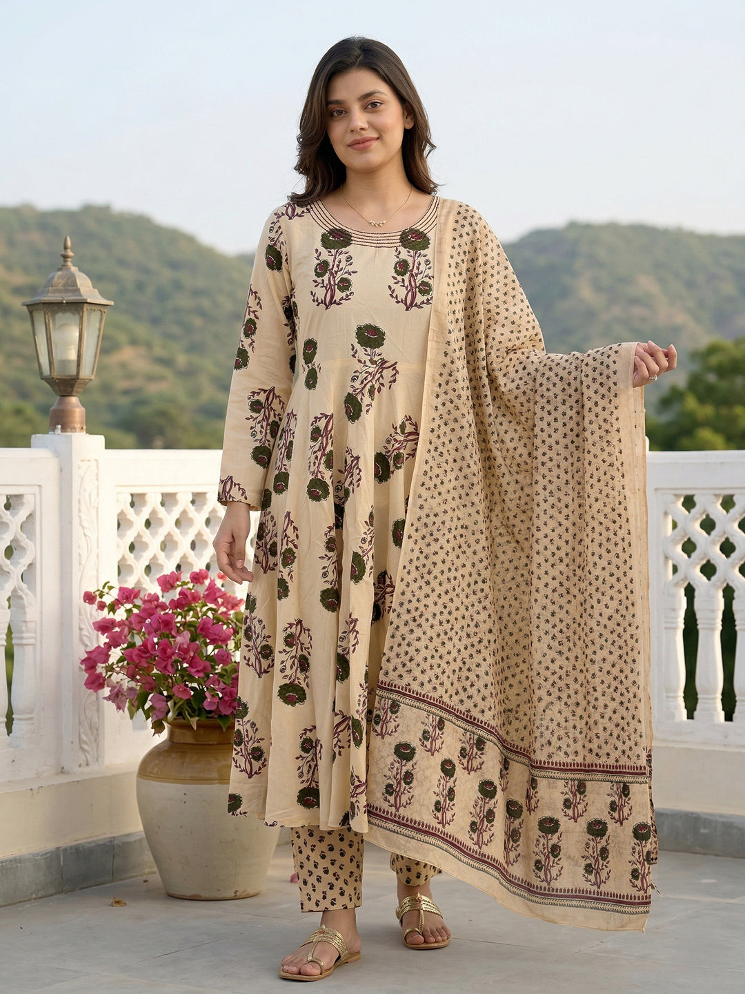 Jaitpuriya Green And Beige Pure Cotton Anarkali Regular Kurta Set