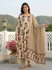 Jaitpuriya Green And Beige Pure Cotton Anarkali Regular Kurta Set