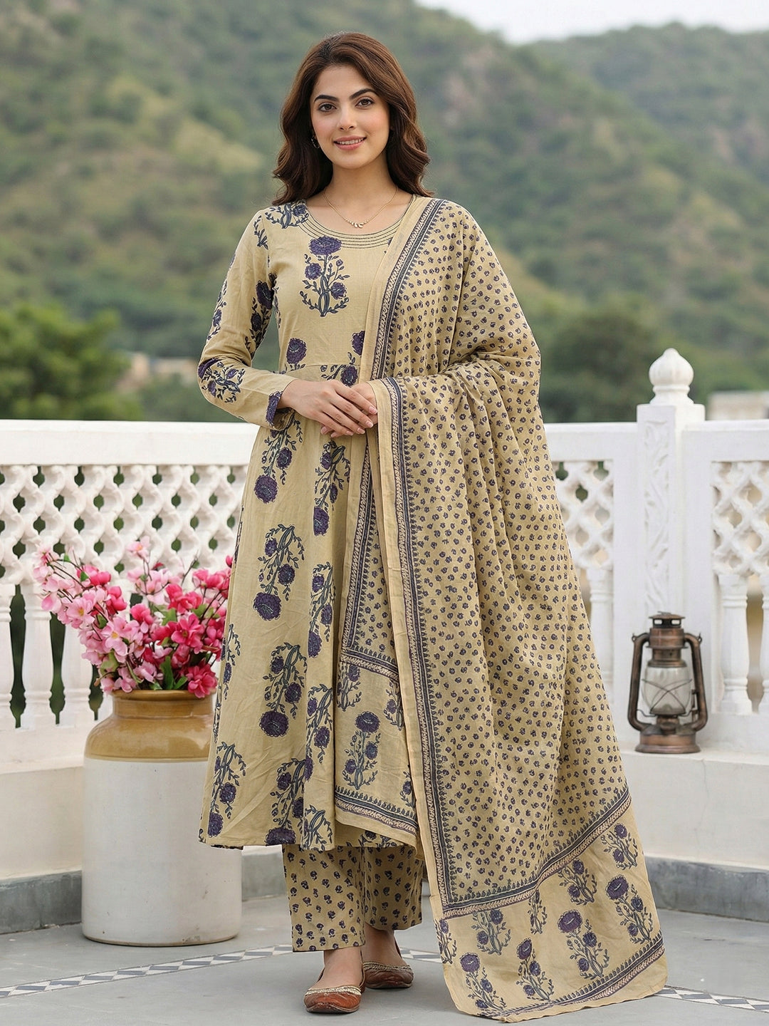 Jaitpuriya Purple And Beige Pure Cotton Anarkali Regular Kurta Set