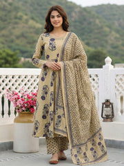 Jaitpuriya Purple And Beige Pure Cotton Anarkali Regular Kurta Set