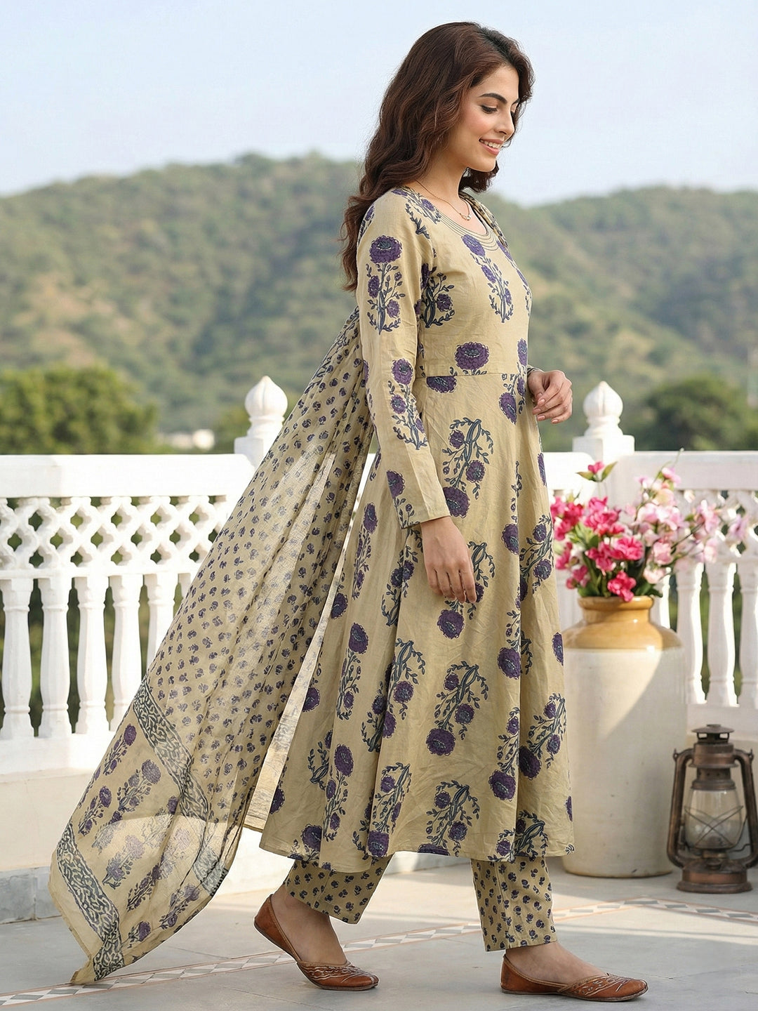 Jaitpuriya Purple And Beige Pure Cotton Anarkali Regular Kurta Set