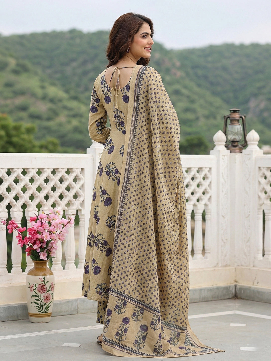 Jaitpuriya Purple And Beige Pure Cotton Anarkali Regular Kurta Set