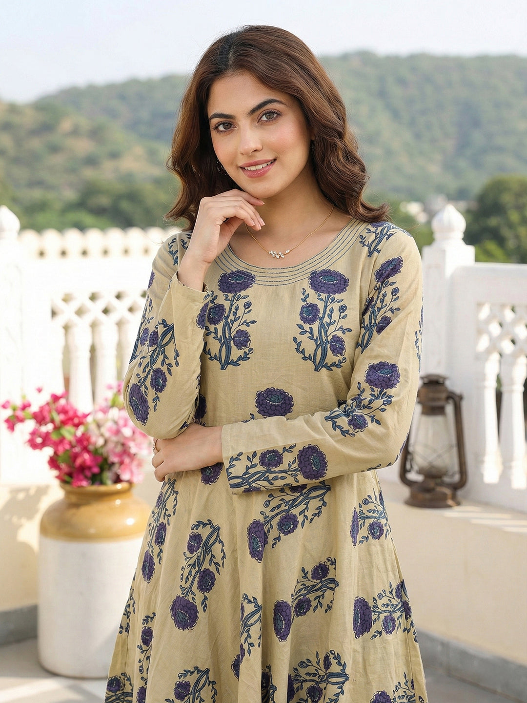 Jaitpuriya Purple And Beige Pure Cotton Anarkali Regular Kurta Set
