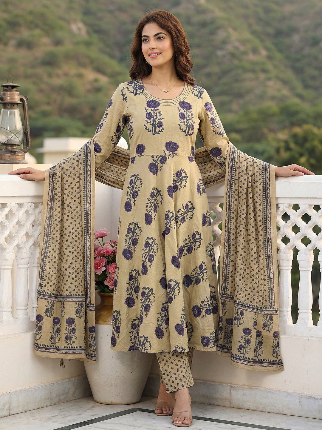 Jaitpuriya Purple And Beige Pure Cotton Anarkali Regular Kurta Set