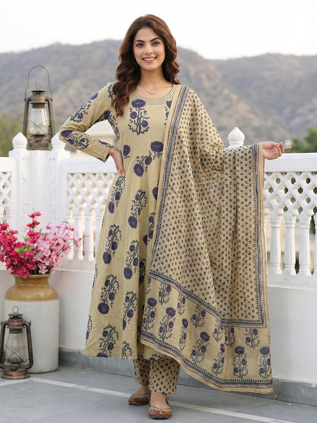 Jaitpuriya Purple And Beige Pure Cotton Anarkali Regular Kurta Set