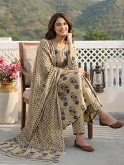 Jaitpuriya Purple And Beige Pure Cotton Anarkali Regular Kurta Set