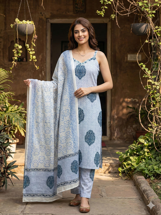 Jaitpuriya Blue And White Pure Cotton Straight Strap Kurta Set