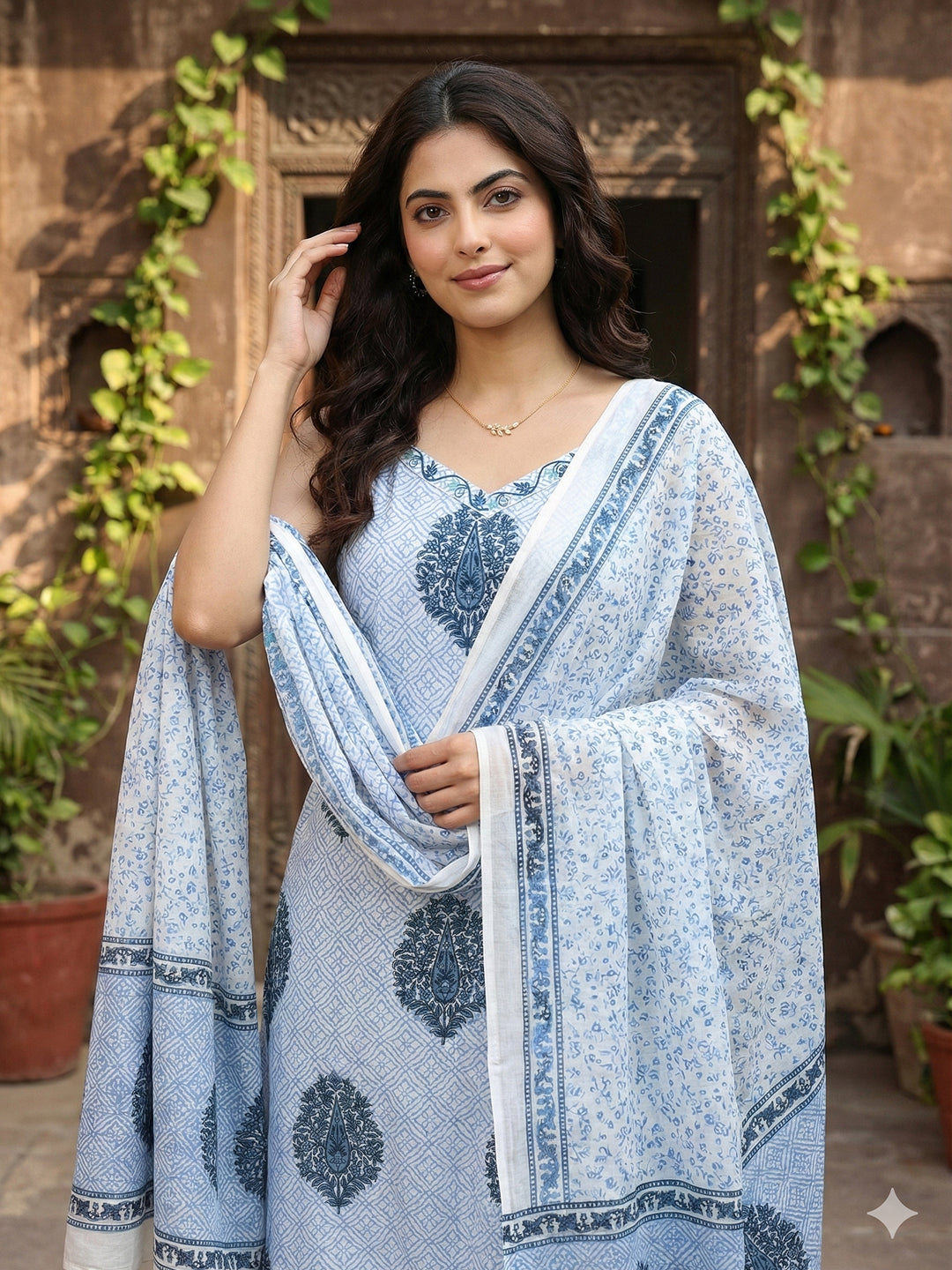 Jaitpuriya Blue And White Pure Cotton Straight Strap Kurta Set