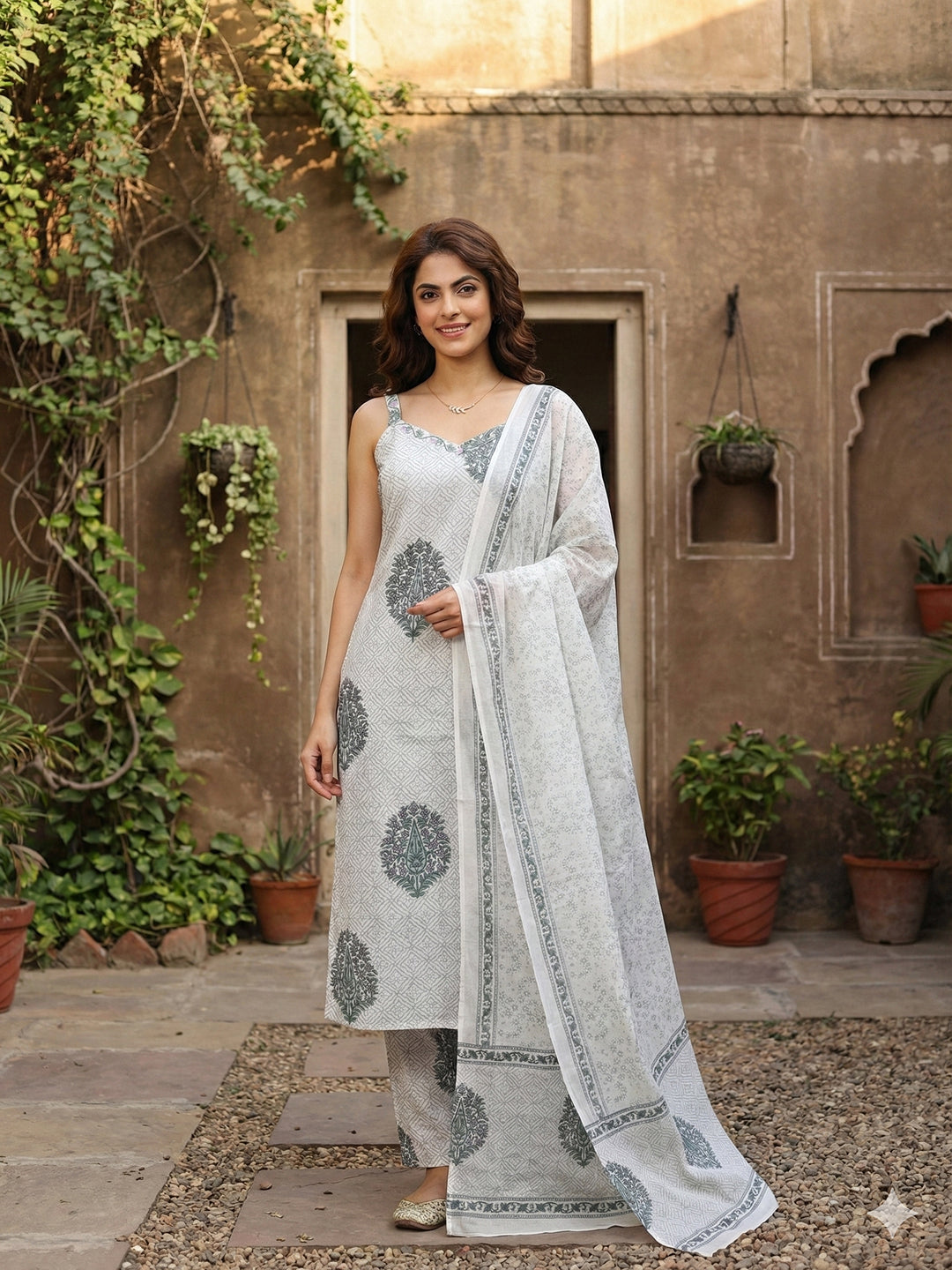 Jaitpuriya Grey And White Pure Cotton Straight Strap Kurta Set