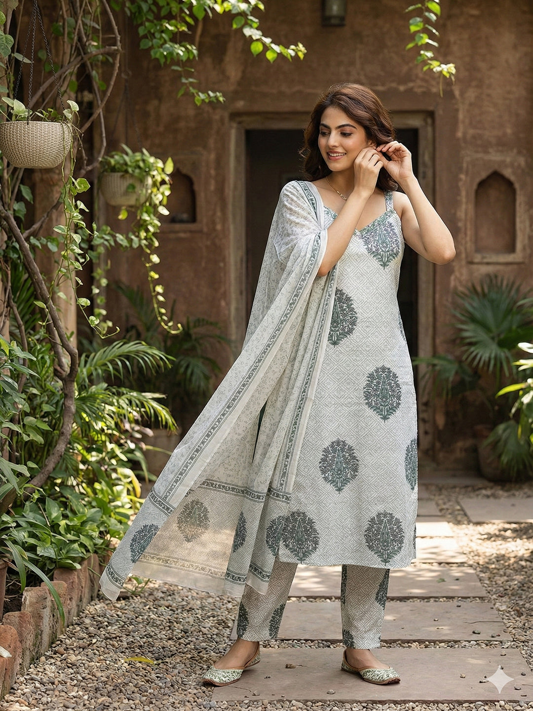 Jaitpuriya Grey And White Pure Cotton Straight Strap Kurta Set