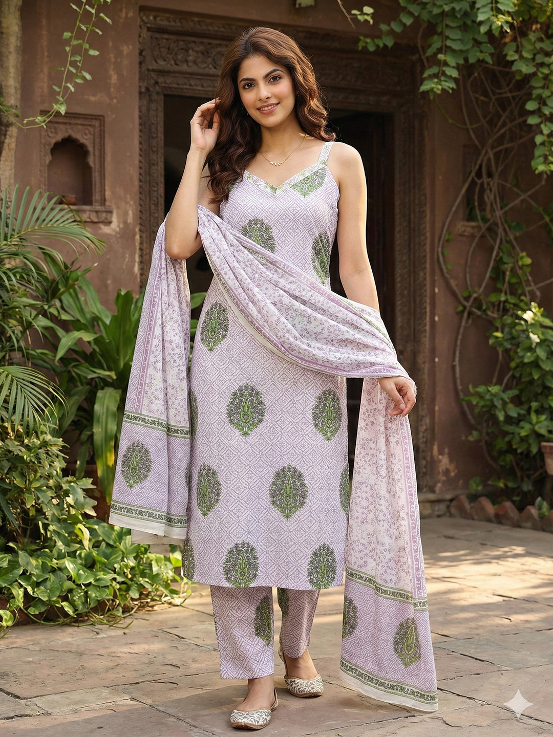 Jaitpuriya Purple And White Pure Cotton Straight Strap Kurta Set