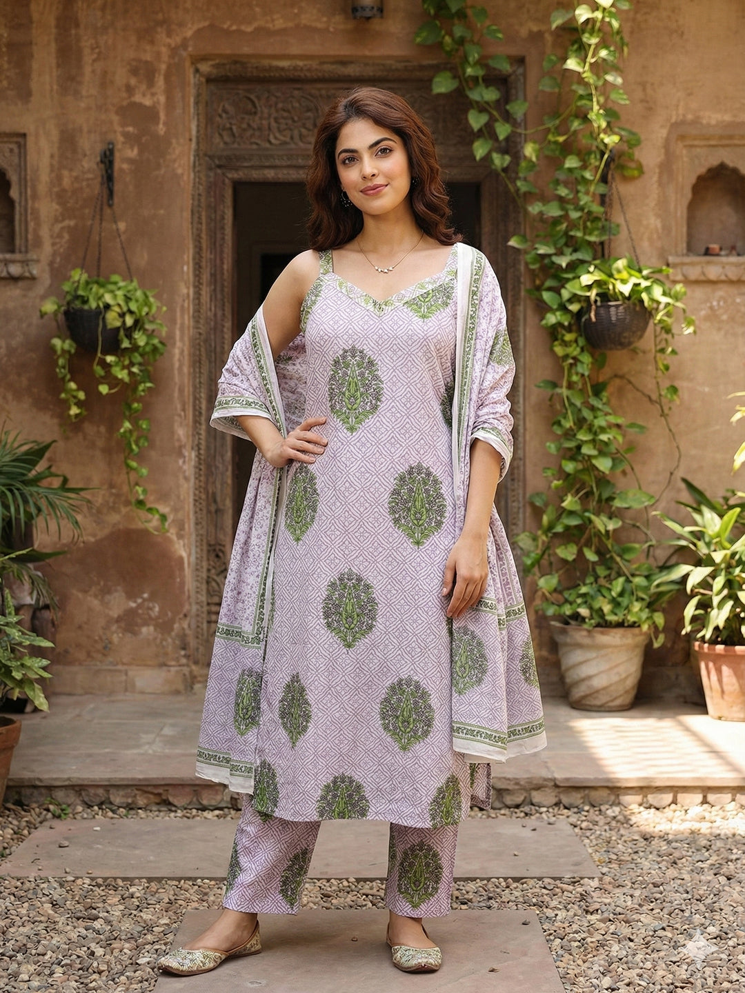 Jaitpuriya Purple And White Pure Cotton Straight Strap Kurta Set
