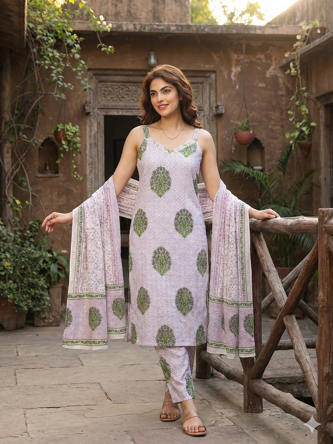 Jaitpuriya Purple And White Pure Cotton Straight Strap Kurta Set