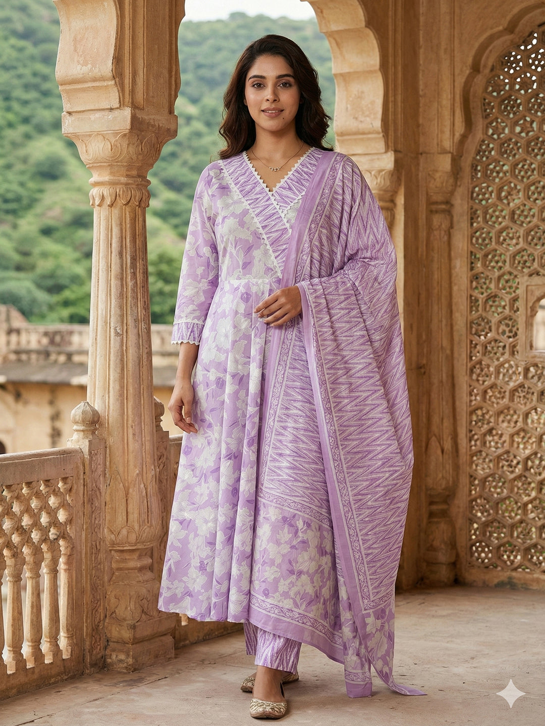 Jaitpuriya Purple And White Pure Cotton Anarkali Angrakha Kurta Set