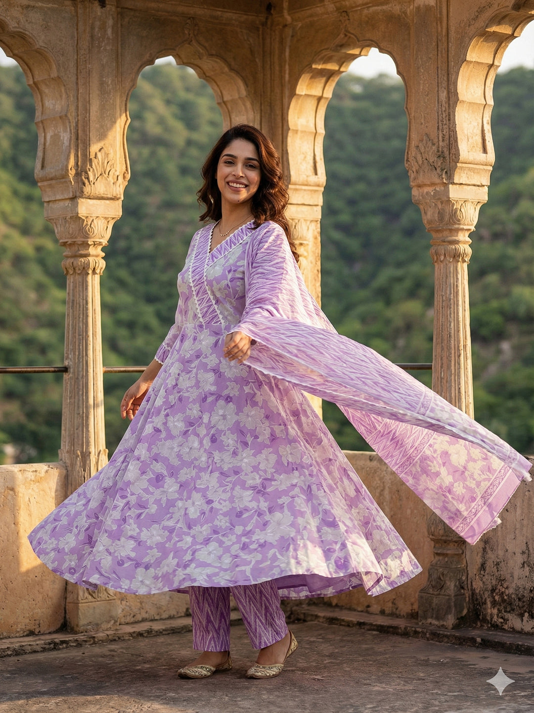 Jaitpuriya Purple And White Pure Cotton Anarkali Angrakha Kurta Set