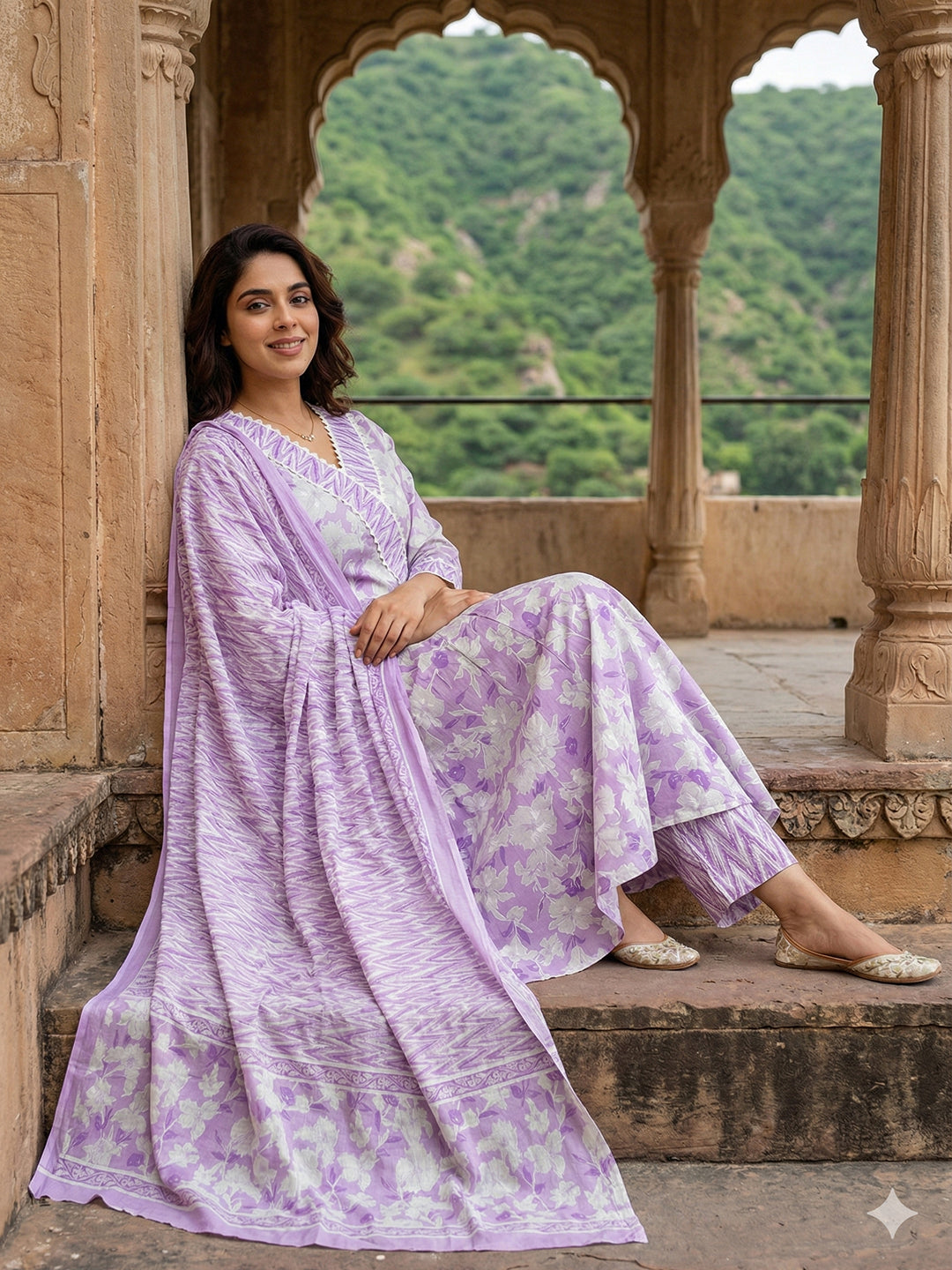 Jaitpuriya Purple And White Pure Cotton Anarkali Angrakha Kurta Set