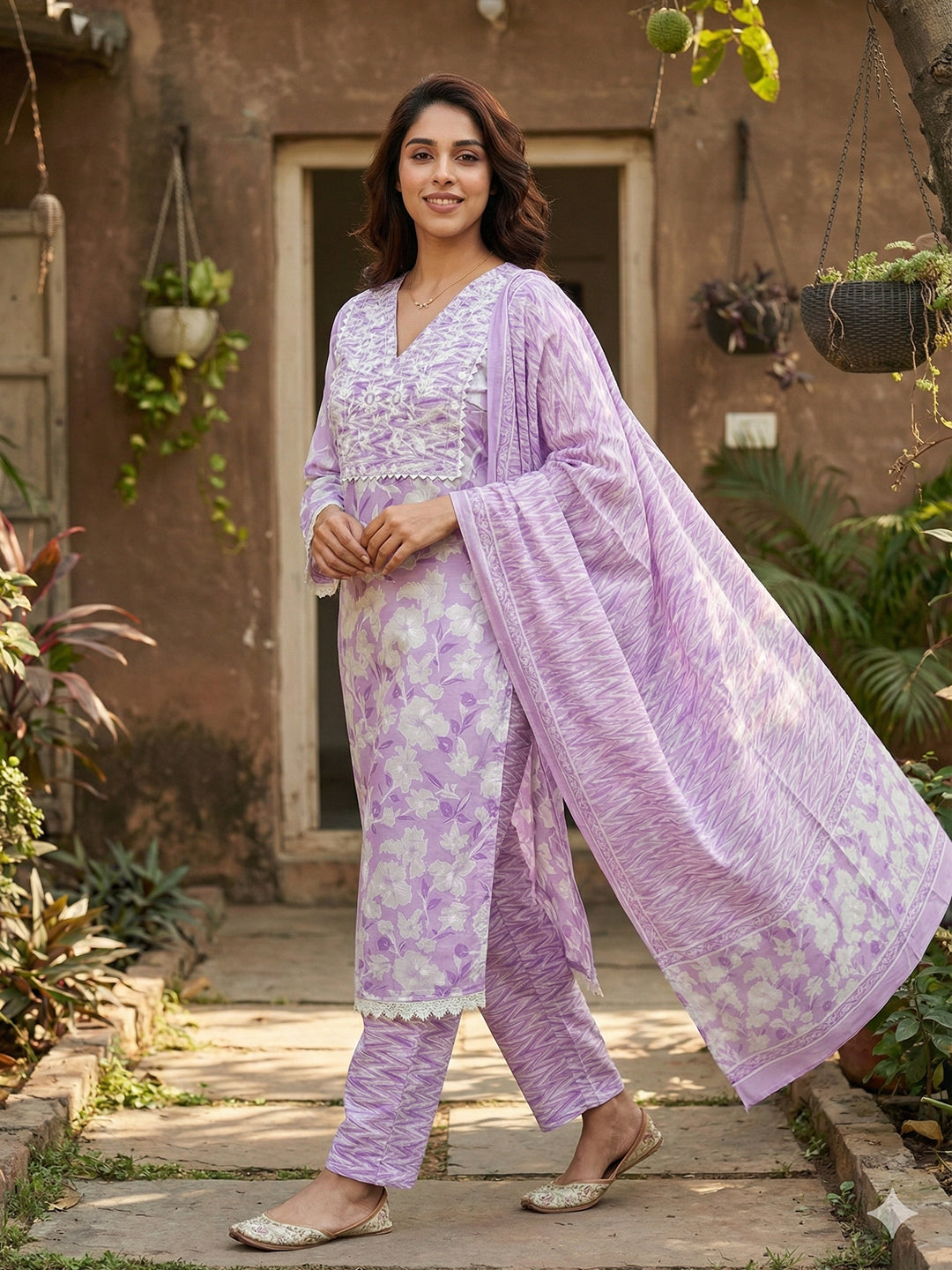 Jaitpuriya Purple And White Pure Cotton Straight Regular Kurta Set