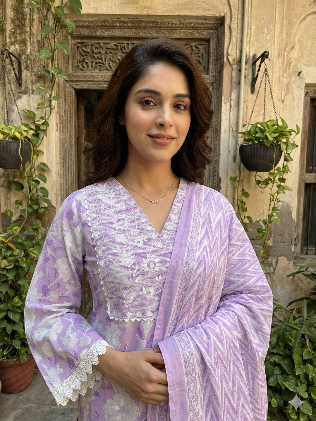 Jaitpuriya Purple And White Pure Cotton Straight Regular Kurta Set