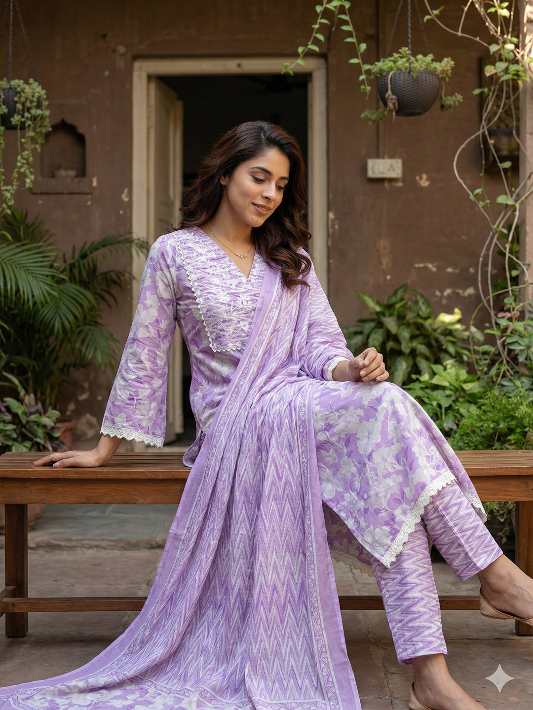 Jaitpuriya Purple And White Pure Cotton Straight Regular Kurta Set