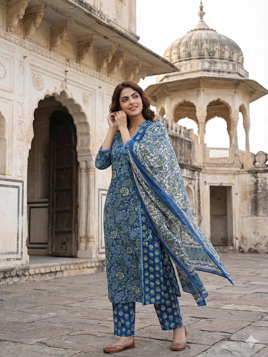 Jaitpuriya Blue And Pink Pure Cotton A-line Angrakha Kurta Set