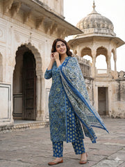 Jaitpuriya Blue And Pink Pure Cotton A-line Angrakha Kurta Set