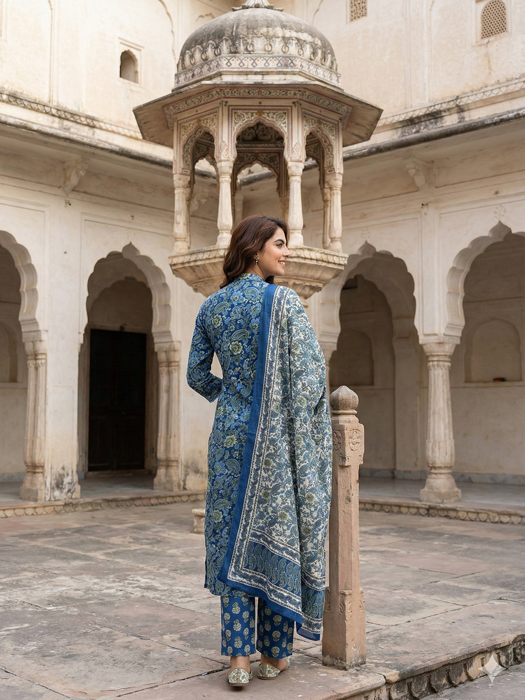 Jaitpuriya Blue And Pink Pure Cotton A-line Angrakha Kurta Set