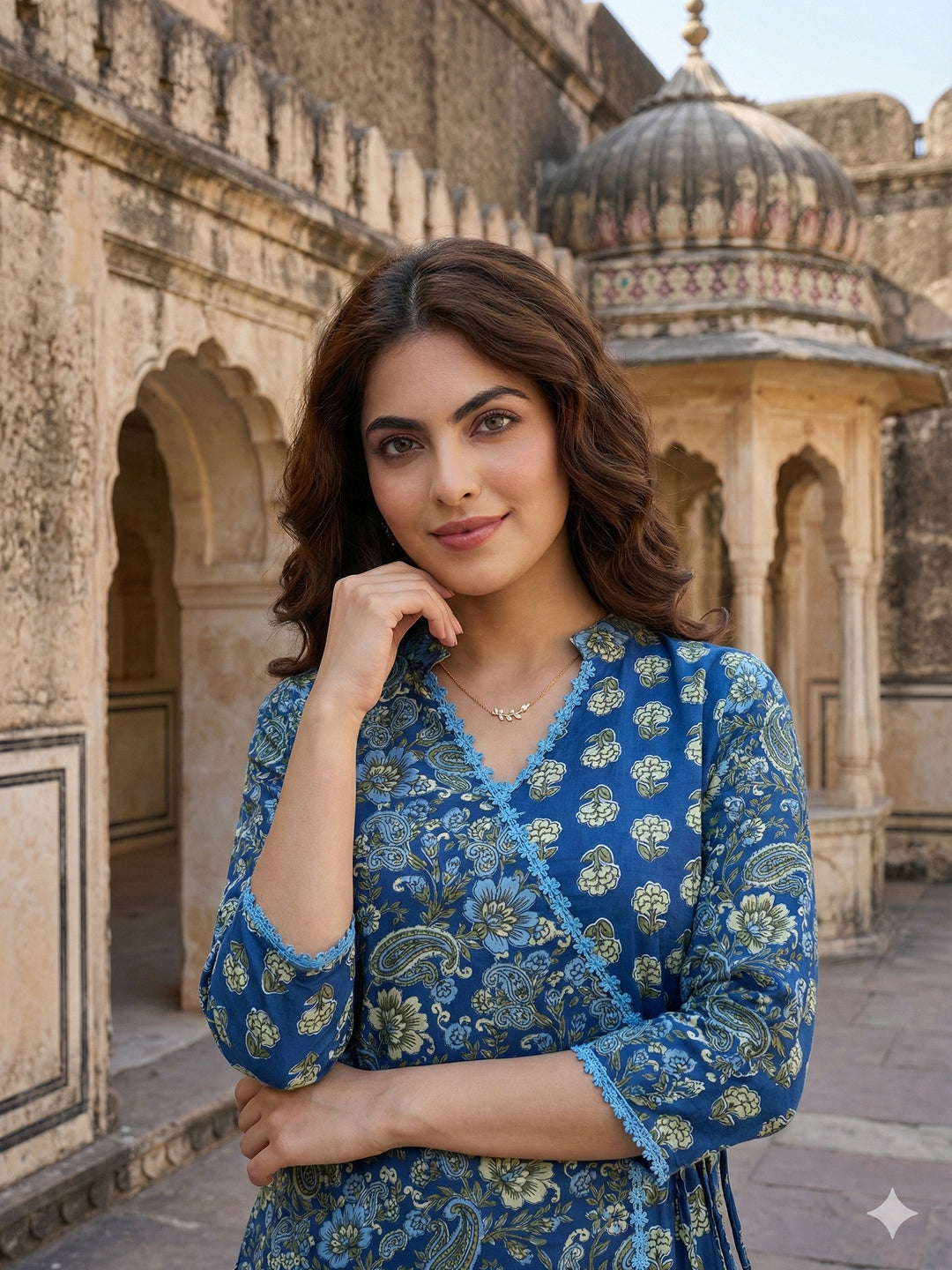 Jaitpuriya Blue And Pink Pure Cotton A-line Angrakha Kurta Set