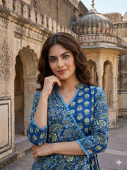 Jaitpuriya Blue And Pink Pure Cotton A-line Angrakha Kurta Set