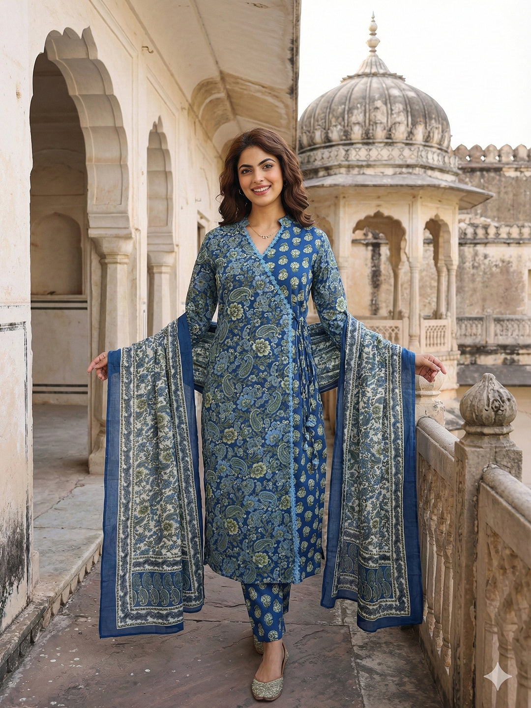 Jaitpuriya Blue And Pink Pure Cotton A-line Angrakha Kurta Set