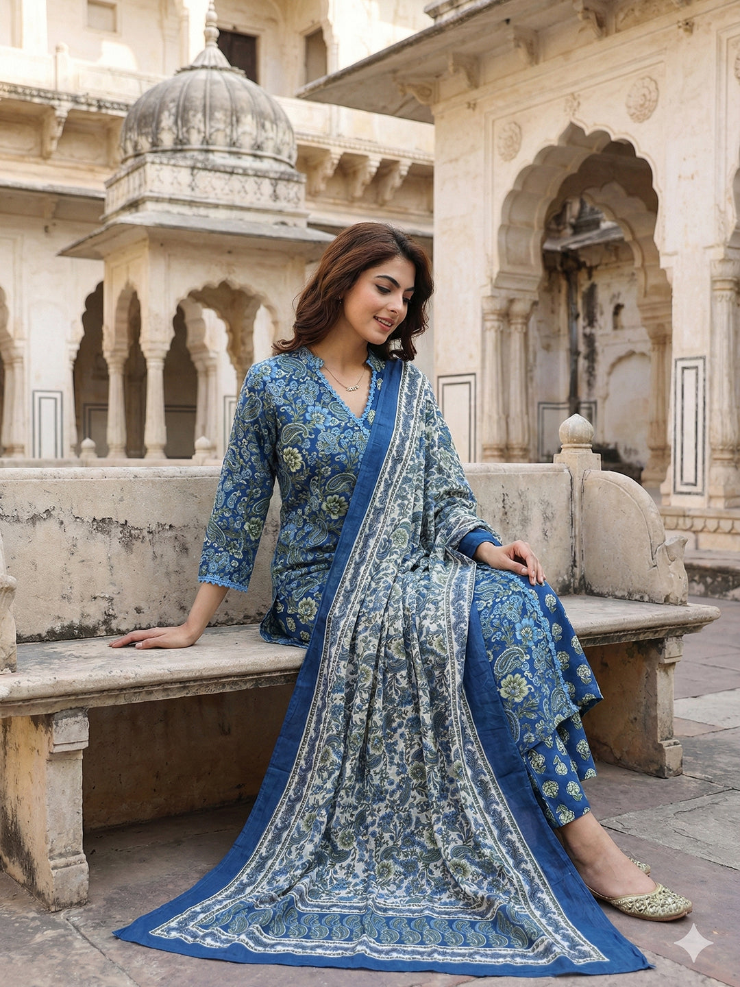 Jaitpuriya Blue And Pink Pure Cotton A-line Angrakha Kurta Set