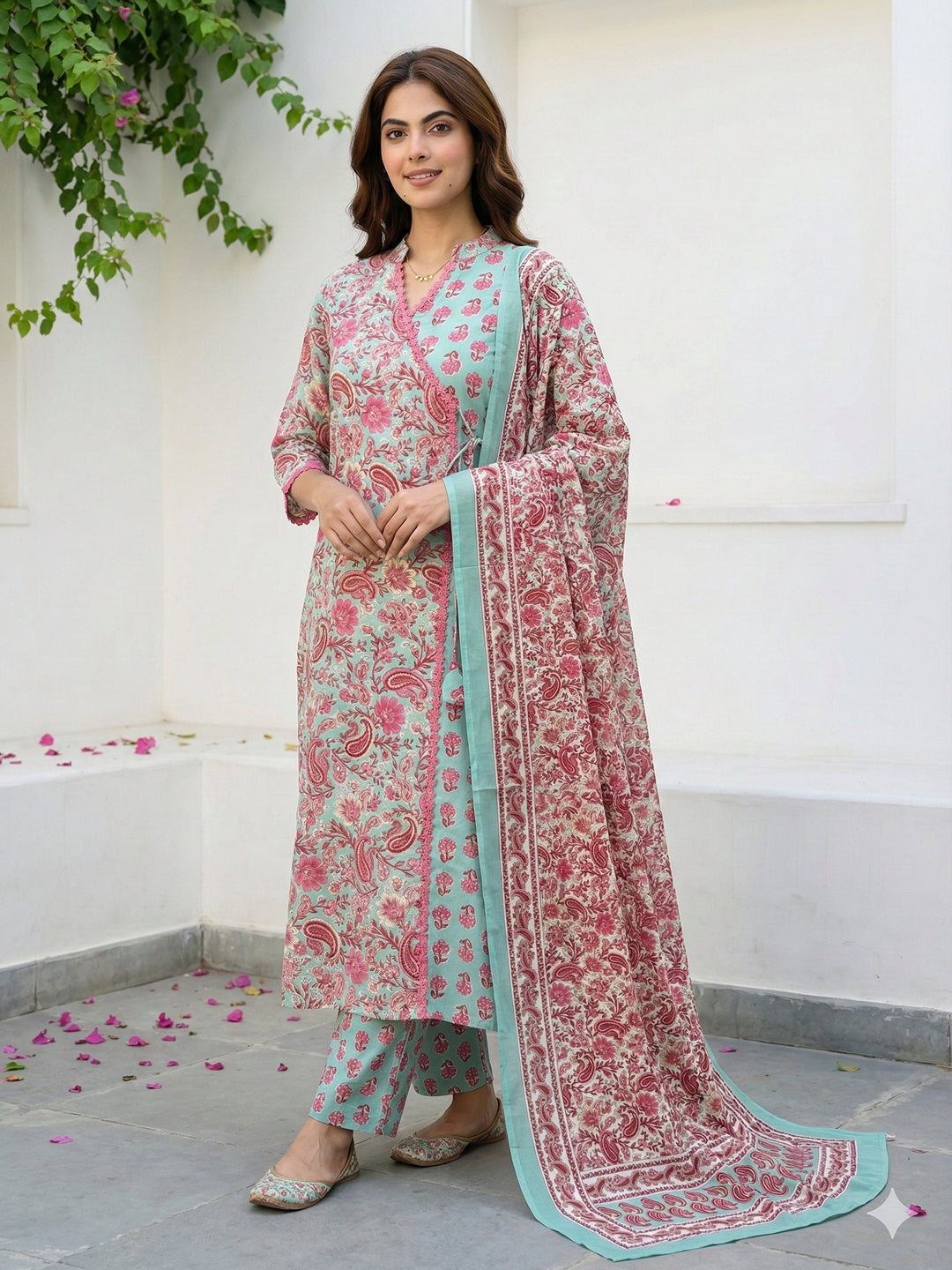 Jaitpuriya Green And Pink Pure Cotton A-line Angrakha Kurta Set