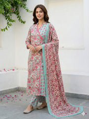Jaitpuriya Green And Pink Pure Cotton A-line Angrakha Kurta Set