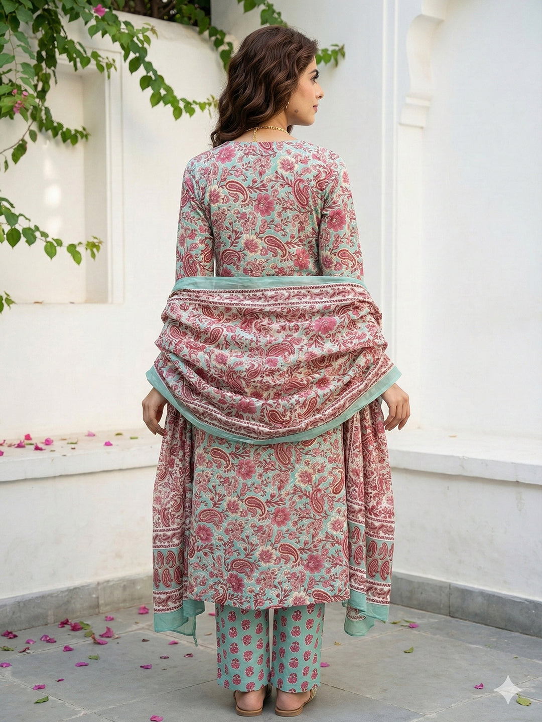 Jaitpuriya Green And Pink Pure Cotton A-line Angrakha Kurta Set