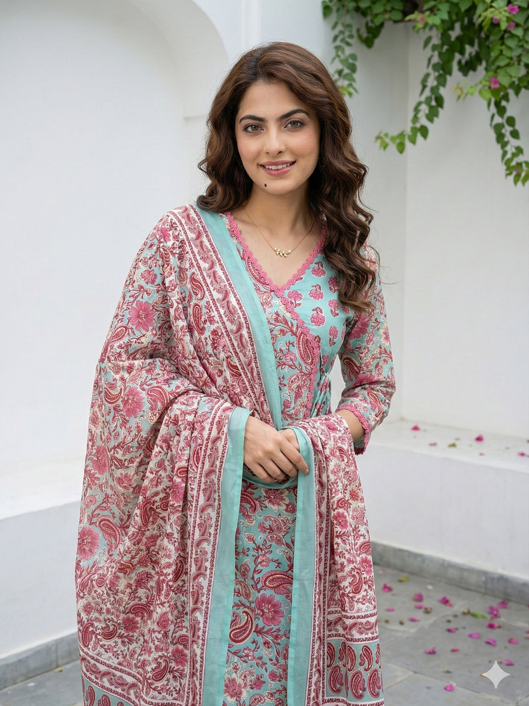Jaitpuriya Green And Pink Pure Cotton A-line Angrakha Kurta Set