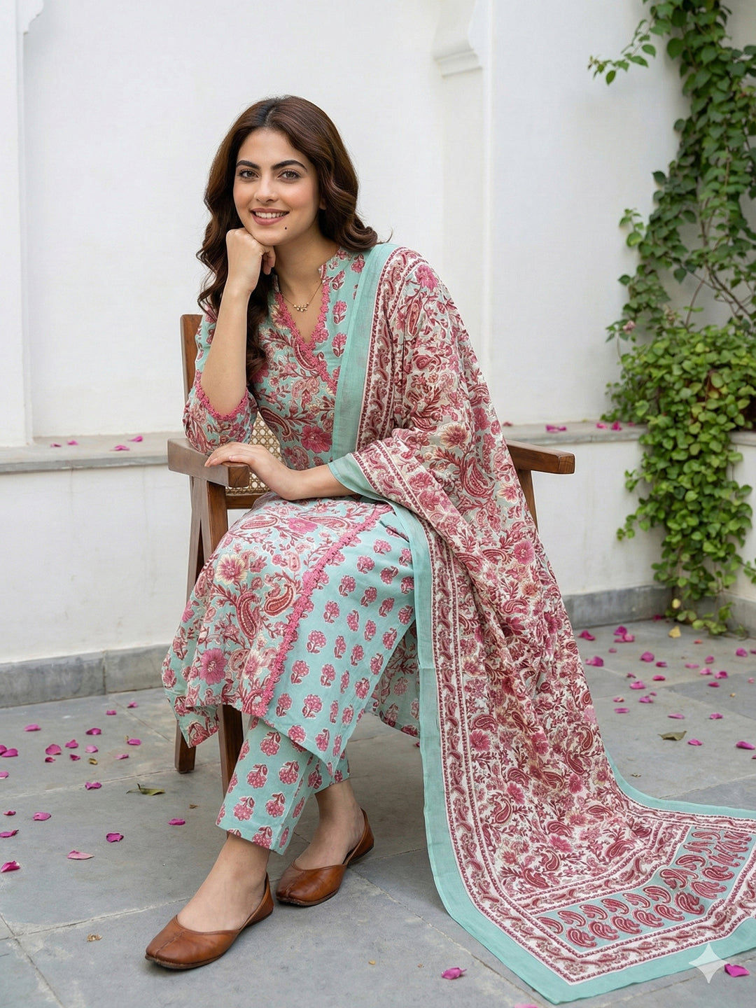 Jaitpuriya Green And Pink Pure Cotton A-line Angrakha Kurta Set