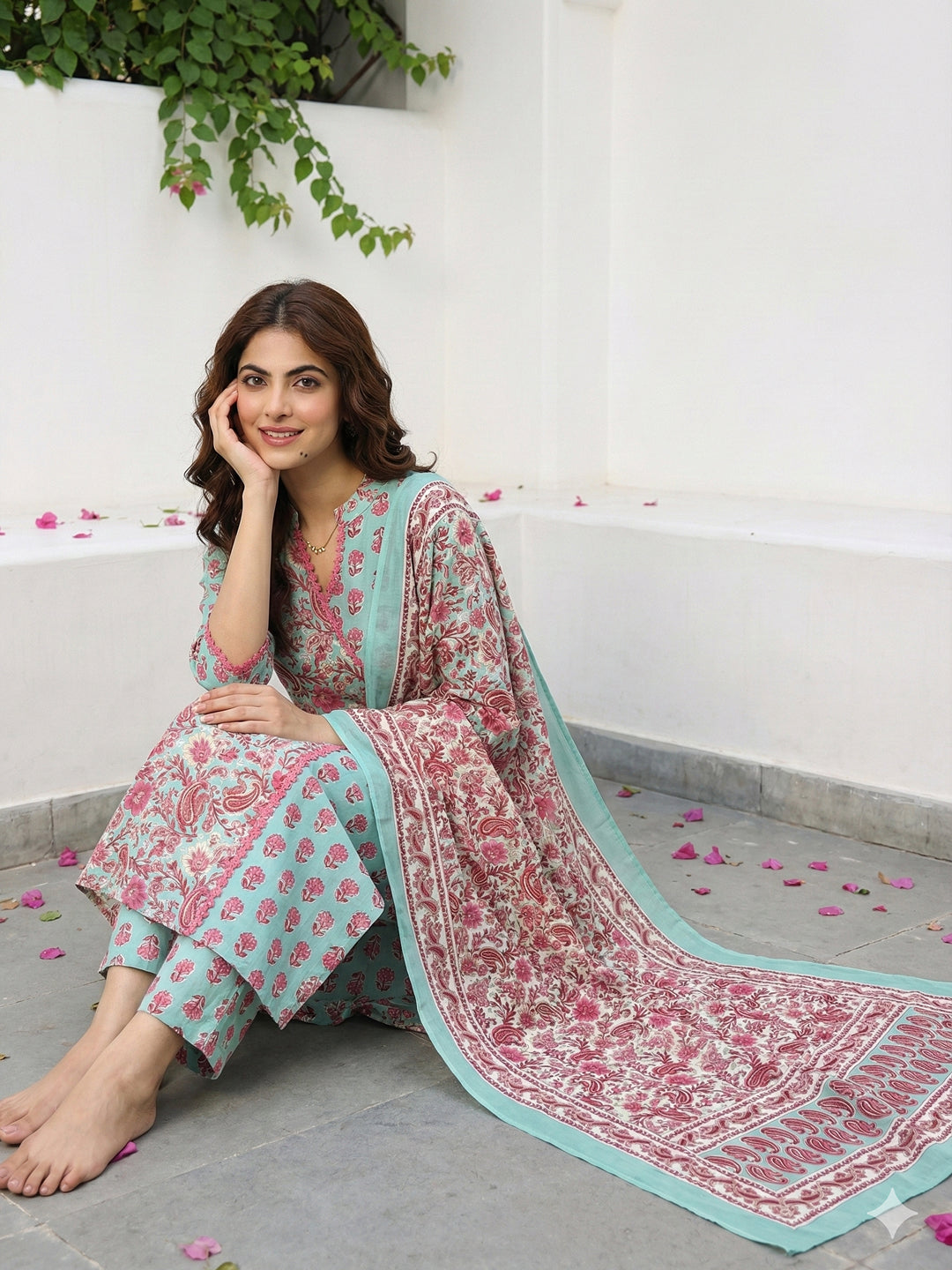 Jaitpuriya Green And Pink Pure Cotton A-line Angrakha Kurta Set