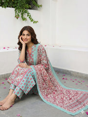 Jaitpuriya Green And Pink Pure Cotton A-line Angrakha Kurta Set