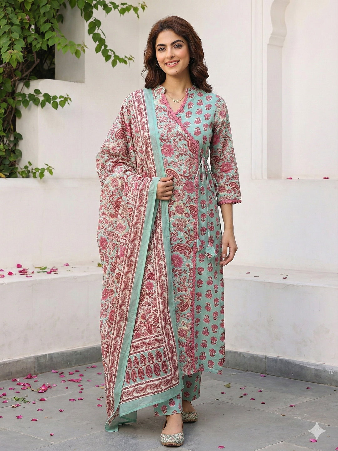 Jaitpuriya Green And Pink Pure Cotton A-line Angrakha Kurta Set