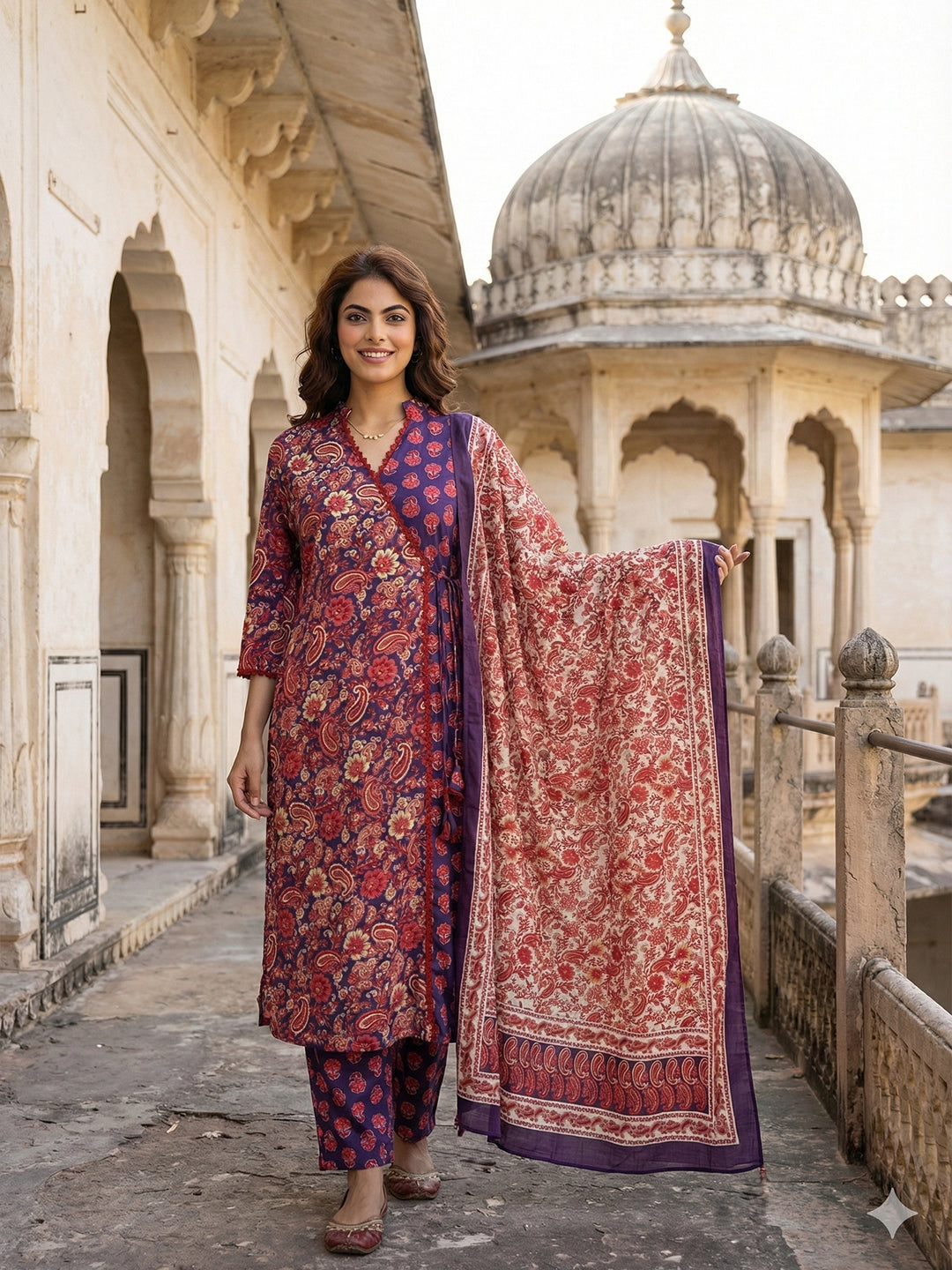 Jaitpuriya PurpleAnd Pink Pure Cotton A-line Angrakha Kurta Set
