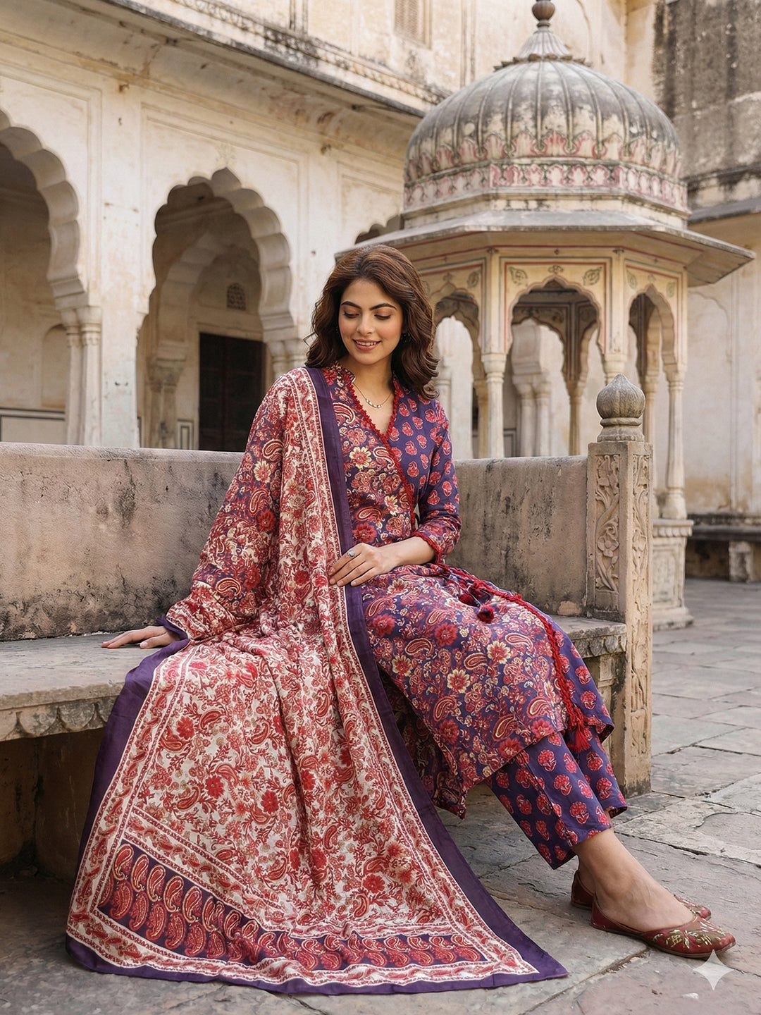 Jaitpuriya PurpleAnd Pink Pure Cotton A-line Angrakha Kurta Set